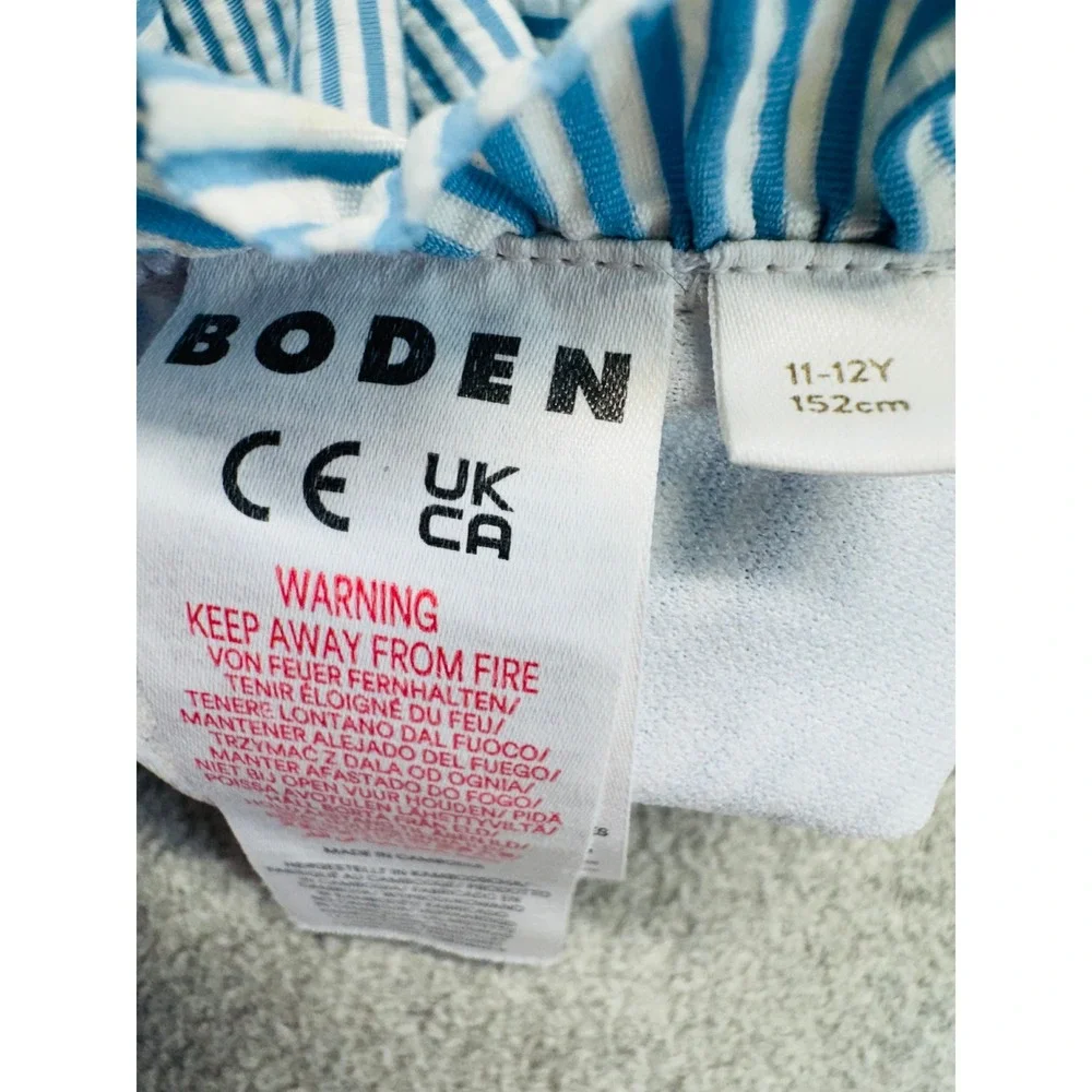 Boden Girl 11-12Y Blue White Stripe One Piece Swimsuit Embroidered Floral Halter